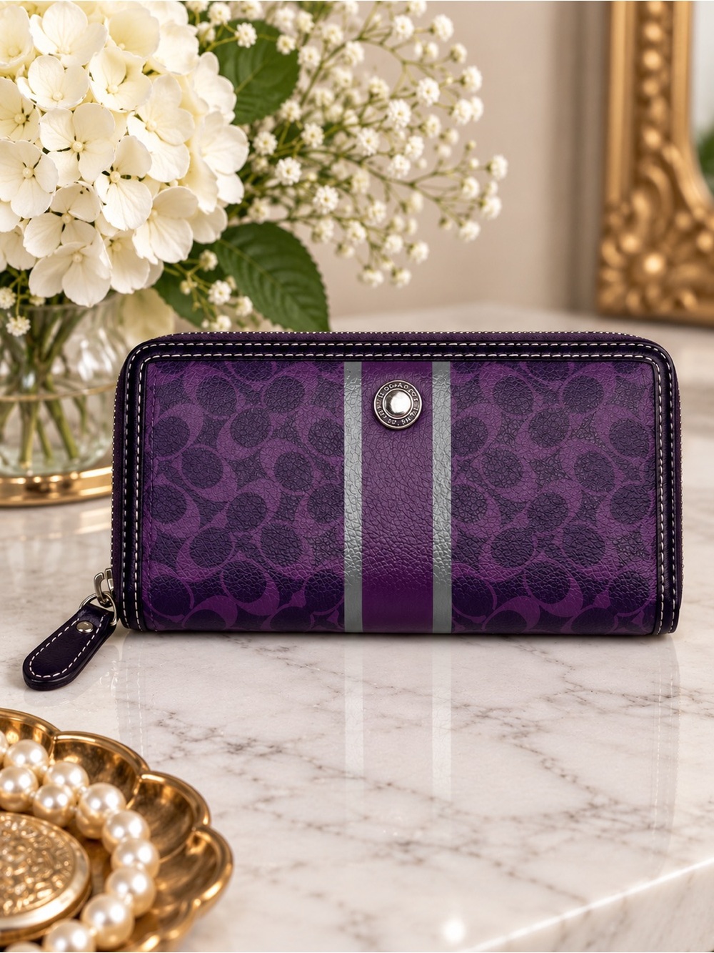 Coach Purple Signature C Zip-Around Wallet – Plum & Silver